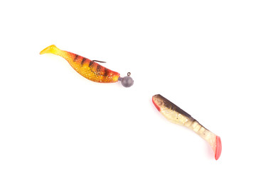Fishing silicone bait fish on a white background. Fishing items for fisherman