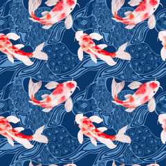 Watercolor koi fish seamless pattern with waves on backdrop - 139321471