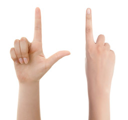 Woman hand pointing up with index finger or touching screen back hand side isolated on white background.