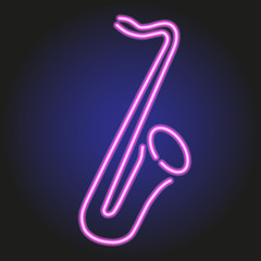 saxophone glowing pink neon outline on a dark background vector illustration