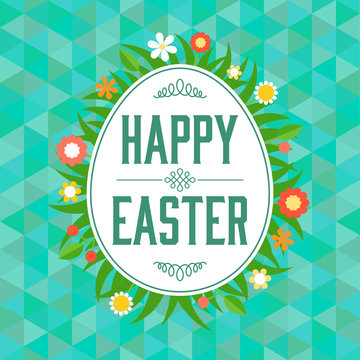 Happy easter type font headline and divider in egg shape frame around with grass and flower on triangle pattern background