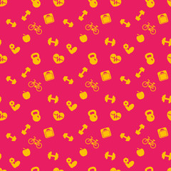 seamless pattern with fitness icons, background in orange and red, vector illustration