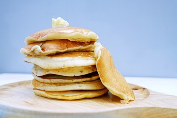 Pancakes in dish on Table wood	