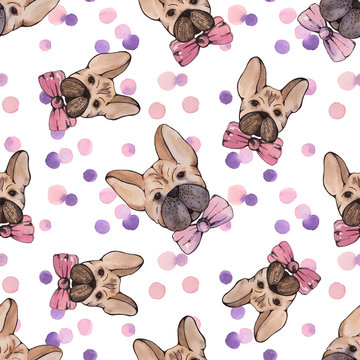 Watercolor dog seamless pattern with abstract backdrop