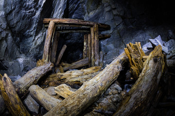 Old barring in an abandoned mine. Collapse