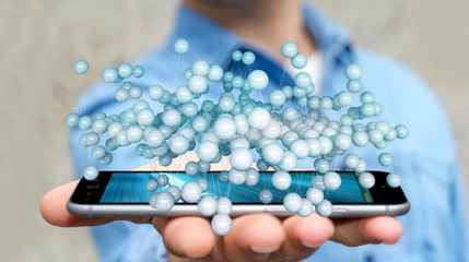Businessman holding abstract connection interface over phone 3D rendering