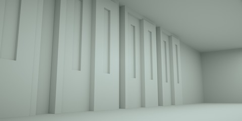 Abstract light space with doors, 3 d render