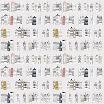 Vector seamless pattern with  rows of typical dutch canal houses  in Amsterdam, the Netherlands. Stylized facades of old buildings in retro pastel colors. Isolated on beige background. 
