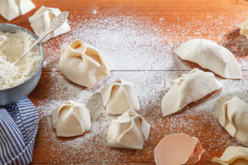 Cooking different types of dumplings: chinese, gyoza (gedza), dim-sum, manty. Top view, copy space