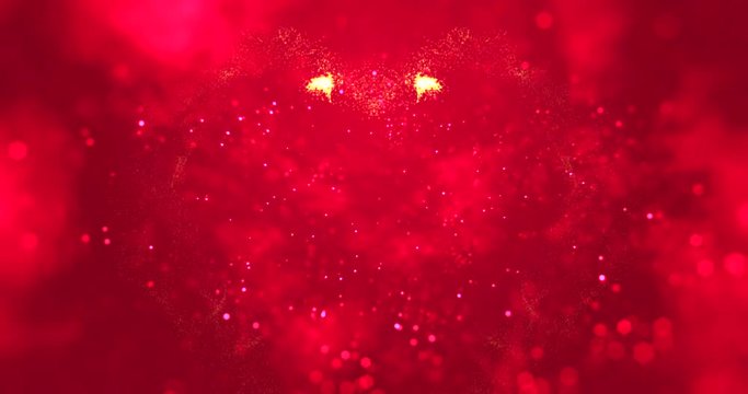 abstract gold sparkle glitter particles like hearts shape on red blur bokeh background, valentine day love holiday event festive