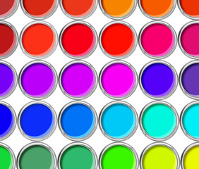 Paint cans color palette, cans opened top view isolated on white