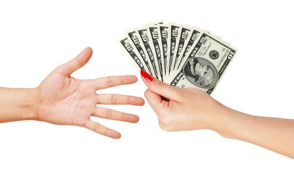 American dollars in a women hand and man hand isolated on white background