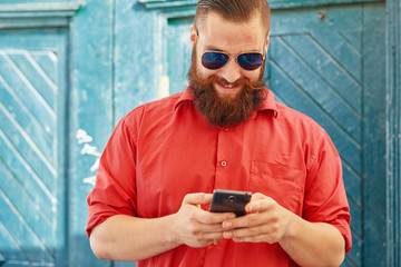 Man in red shirt