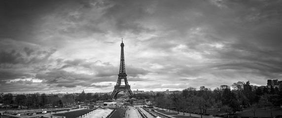 Beautiful panoramic cityscape. Dramatic cloudscape. View of the Eiffel Tower from the Trocadero....