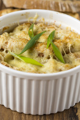 French Onion Soup with Dried Bread and Melted Cheese