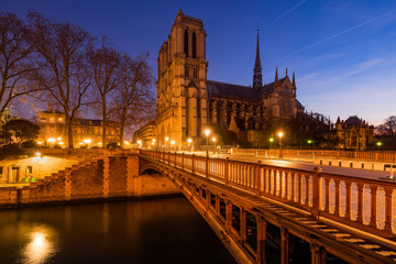 Fototapeta na wymiar Notre Dame de Paris cathedral at dawn with the Pont au Double and the Seine River. Ile de La Cite. 4th Arrondissement, Paris, France