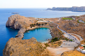 View of Saint Pauls Bay from Acropolis. Lindos, Rhodes, Greece