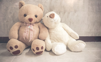 Couple of teddy bear sit on the concrete floor with sweet moment.