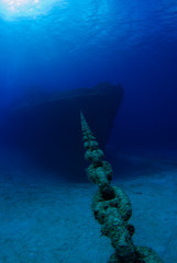 The bow or front end of a sunken war ship as she sits peacefully at the bottom of the sea. underneath the surface the deep blue water is calm for the final resting place of this vessel  © drew