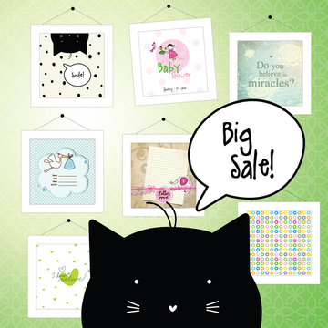 Big spring sale. Greeting cards. Cat character.  Gallery. Background template. Design elements. Pictures.