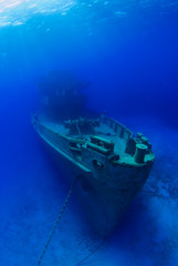 The bow of the USS Kittiwake shipwreck which sits in the warm shallow waters of Grand Cayman. The...
