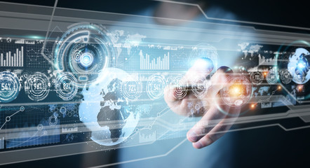 Hologram screen with digital datas used by businessman 3D rendering