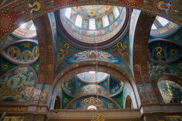 Interior of Cathedral of St. Panteleimon the Great Martyr in the New Athos Monastery. The...
