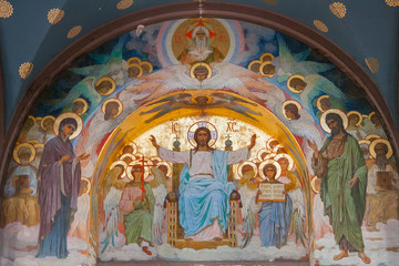 Interior of Cathedral of St. Panteleimon the Great Martyr in the New Athos Monastery. The cathedral, built in 1888-1900, is the largest cult structure of Abkhazia. NEW ATHOS, ABKHAZIA