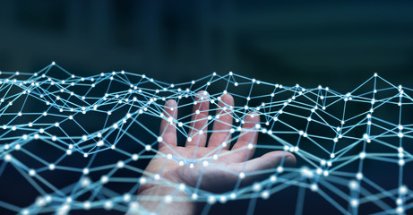Businessman holding flying network dot 3D rendering