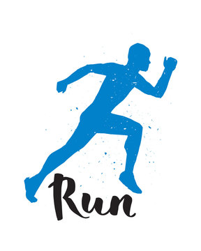 Running runner man marathon logo jogging emblems label and fitness training athlete symbol sprint motivation badge success work isolated vector illustration.