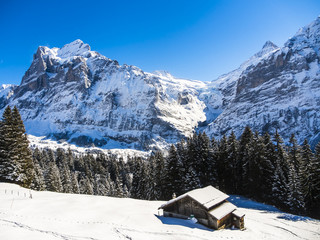 Winterlandschaft  mit Skihütte , hinten das Mittelhorn und das Wetterhorn, Wetterhorn,...