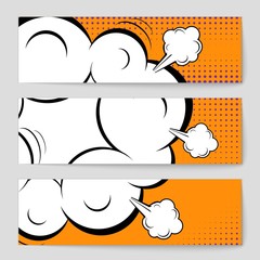 Abstract creative concept vector comic pop art style blank, layout template with clouds beams and isolated dots background. For sale banner, empty speech bubble set, illustration halftone book design.
