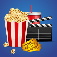 Realistic cinema movie poster template with film clapper, tickets, popcorn and cola