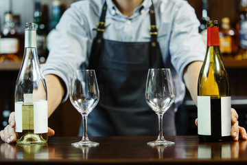 male sommeliers holds white and red wine