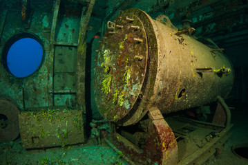 A section of a sunken shipwreck in the Caribbean. The boilers of the USS Kittiwake are rusting away...