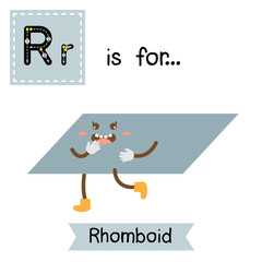 Letter R cute children colorful geometric shapes alphabet tracing flashcard of Rhomboid for kids learning English vocabulary.