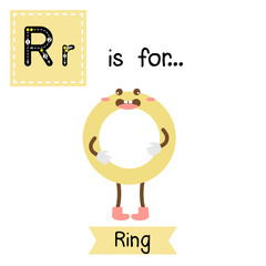 Letter R cute children colorful geometric shapes alphabet tracing flashcard of Ring for kids learning English vocabulary.