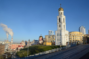 Fototapeta premium Samara, Russia - Nov,20 2016: Belfry of Iver female monastery in Samara