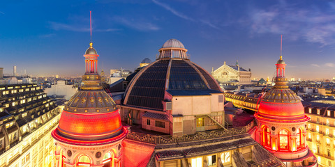 Aerial panoramic view of Opera Garnier, Neo-Renaissance Printemps gallery dome at night, Paris,...