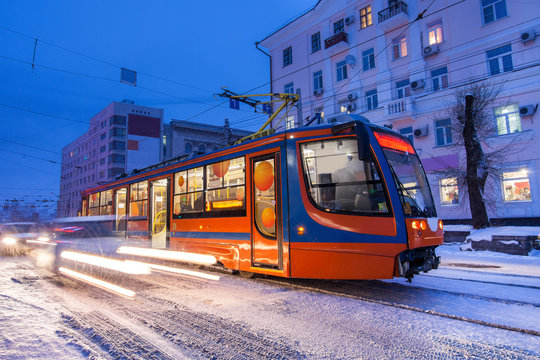 KHABAROVSK, RUSSIA - JANUARY 14, 2017: Tram in the street of winter city of Khabarovsk