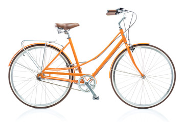 Stylish female orange bicycle isolated on white