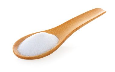 Salt in wooden spoon on white background