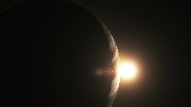 Jupiter with beautiful sunrise from space with stars.