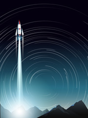 starship leaving from base in deep mountain and star trail poster template