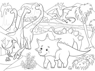 Cartoon Coloring for children dinosaurs in nature. Black and white vector illustration