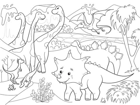 Cartoon Coloring for children dinosaurs in nature. Black and white vector illustration