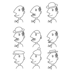 Vector Male Face Logo Set in Linear Style. Comic cartoon illustration