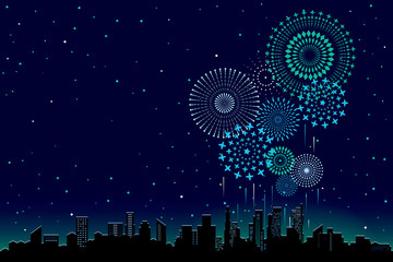 Vector illustration of a festive fireworks display over the city at night scene for holiday and celebration background design. - obrazy, fototapety, plakaty