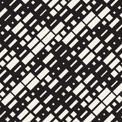 Vector Seamless Black And White Irregular Dash Rectangles Grid Pattern. Trendy Monochrome Texture.