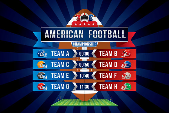 Vector of American football team with scoreboard on green field background.